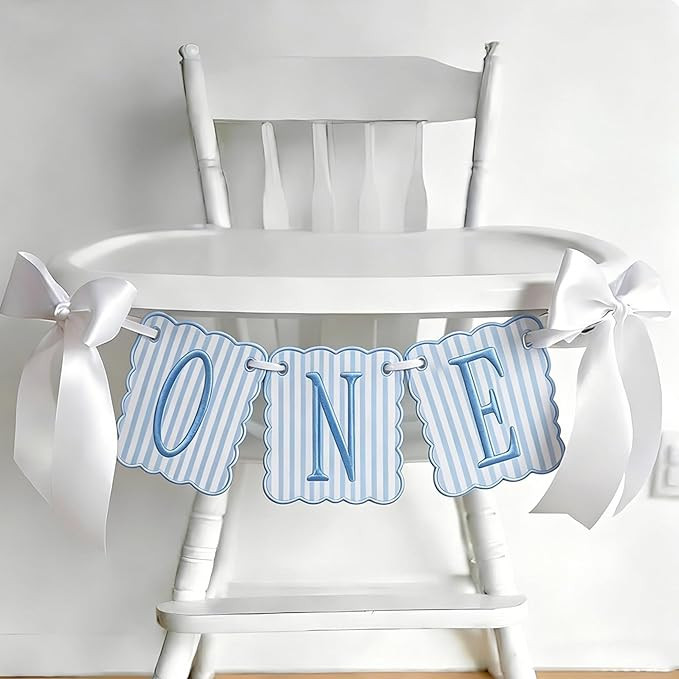 Blue and White Striped ONE High Chair Banner Boy Light Blue Vertical Stripe Embroidered 1st Birth... | Amazon (US)