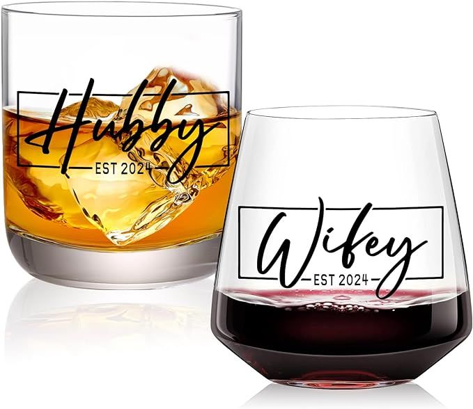 Wedding Gifts for Couples,Hubby & Wifey EST 2024 Wedding Glass Set,Bridal Shower Gifts,Unique Gif... | Amazon (US)