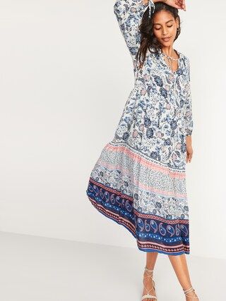 Mixed-Print Tie-Neck Midi Swing Dress for Women | Old Navy (US)