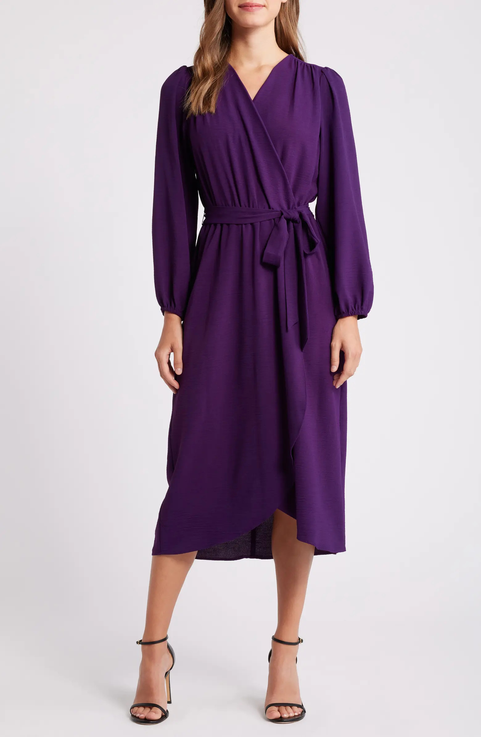 Connected Apparel Long Sleeve Faux Wrap Midi Dress | Nordstrom | Nordstrom