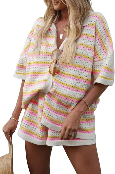 Saodimallsu Womens Striped Pajama Sets Short Sleeve Color Block Crochet Knit Button Top and Short... | Amazon (US)