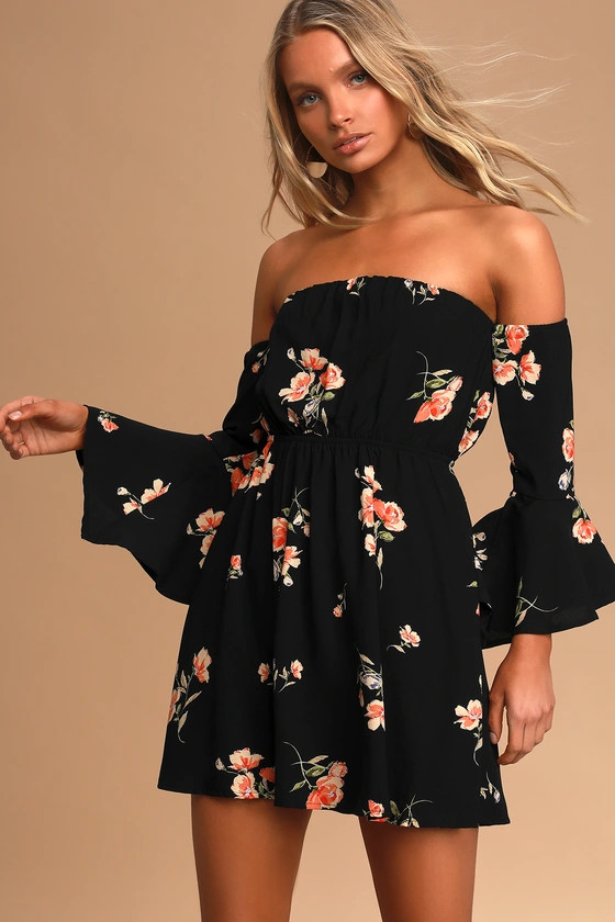 Lush Gardens Black Floral Print Off-The-Shoulder Mini Dress | Lulus (US)
