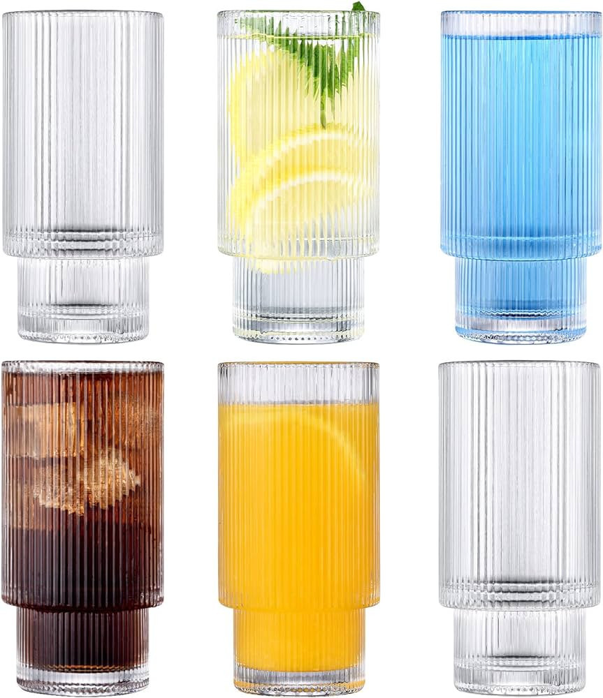 BJMEDYM Ribbed Glassware, Vintage Glassware 6pc Set, 12 oz Origami Style Glass Cup, Ripple Drinki... | Amazon (US)