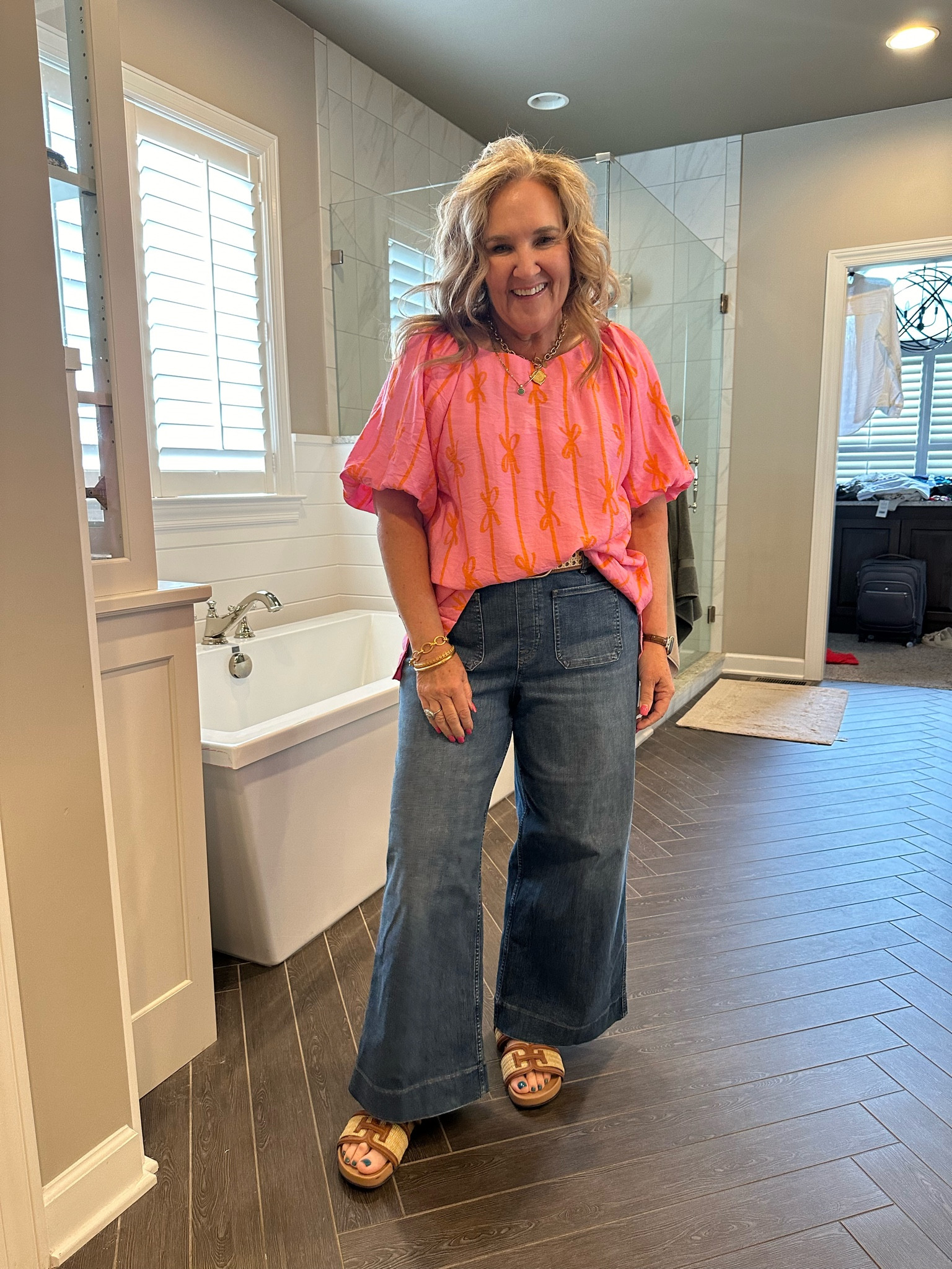 Cutest little top with bows. Oversized. Wearing a large. 15% off code NANETTE15

Jeans wearing size XL reg. 10% often free shipping with code NANETTEXSPANX 

I STILL LOVE MY SANDALS, AND MY BELT IS A PERFECT COMPANION TO THEM 

SPANKS DENIM SUMMER BLOUSES Sam Edelman sandals

#LTKOver40 #LTKSeasonal #LTKMidsize