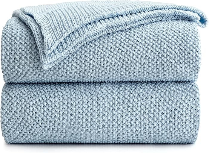 Longhui bedding 100% Cotton Light Blue Cable Knit Throw Blanket 50" x 60" | Amazon (US)