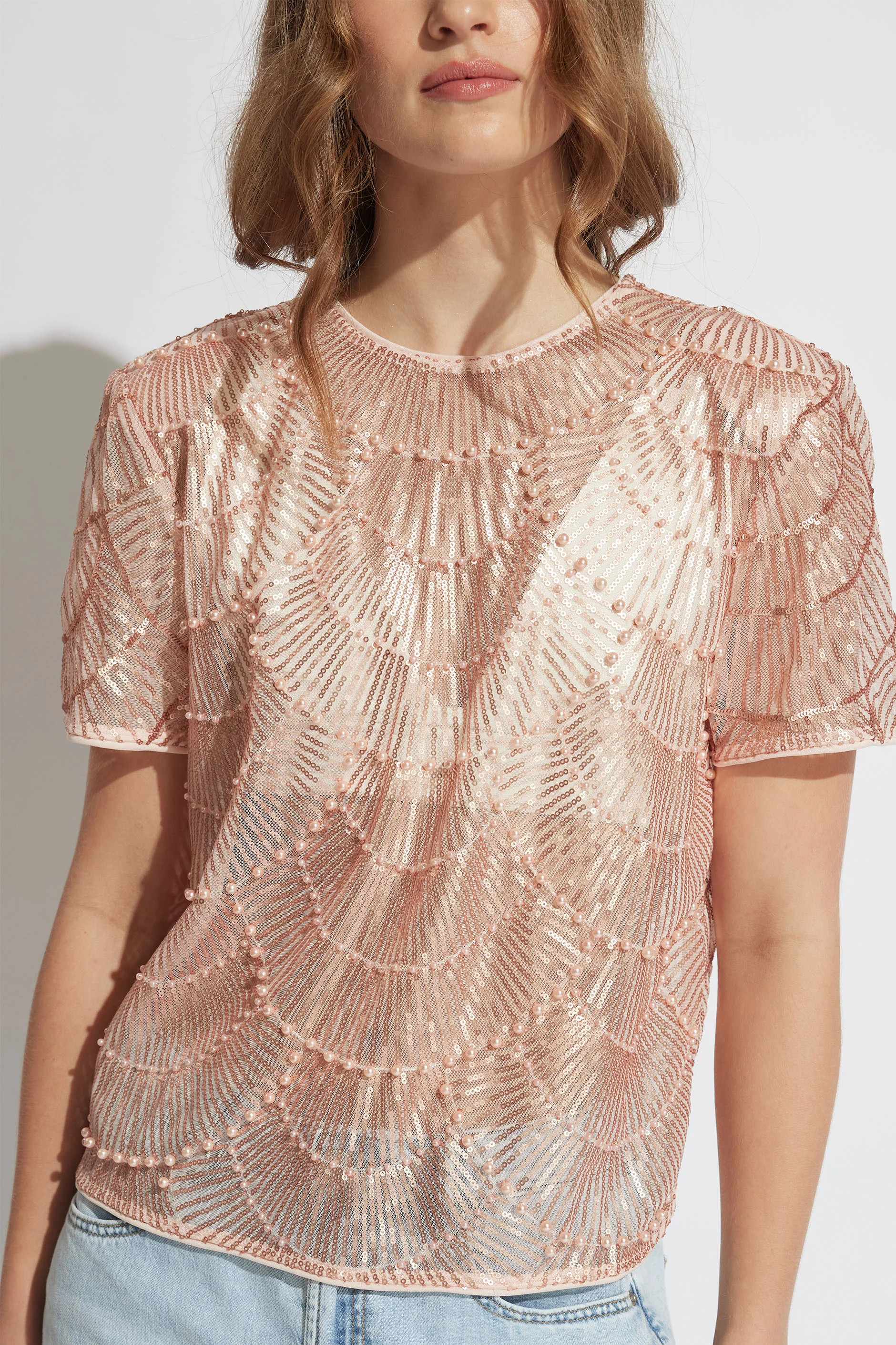 Amara Beaded Sequin Tee - Pink/Silver | DECJUBA