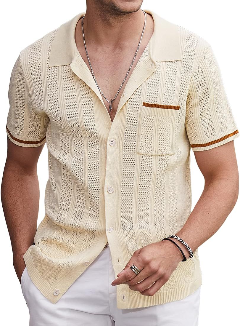 COOFANDY Men's Short Sleeve Knit Shirts Vintage Button Down Polo Shirt Casual Beach Tops | Amazon (US)