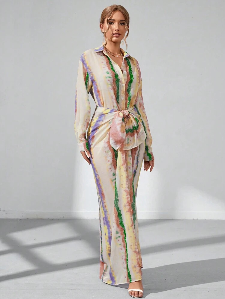 Allover Print Shirt & Tie Front Skirt | SHEIN