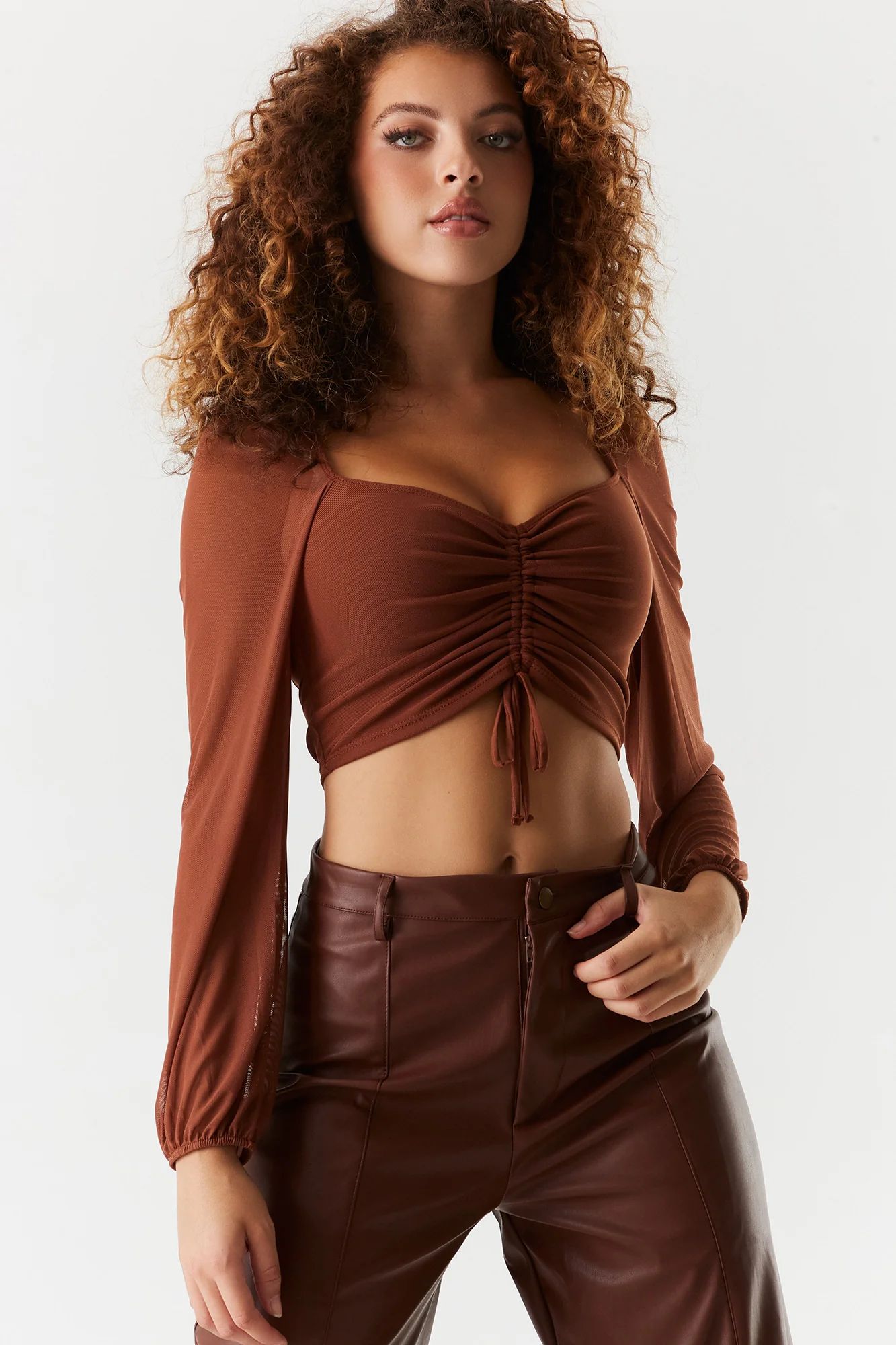 Ruched Tie Front Mesh Sleeve Blouse | Urban Planet