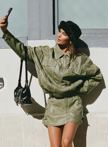 Tanza Faux Leather Jacket Washed Green | Princess Polly US