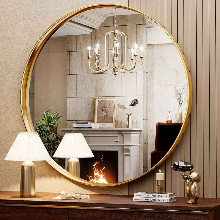 Hasipu Gold Round Mirror 38 Inch Round Bathroom Mirror Metal Frame, Wall Mounted Circle Vanity Mi... | Amazon (US)