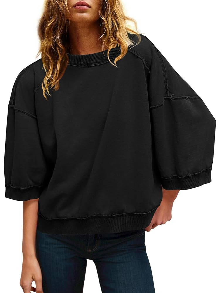 Panadila Womens Oversized Short Sleeve Sweatshirt Crewneck 3/4 Sleeve Tops Summer Cute Color Bloc... | Amazon (US)