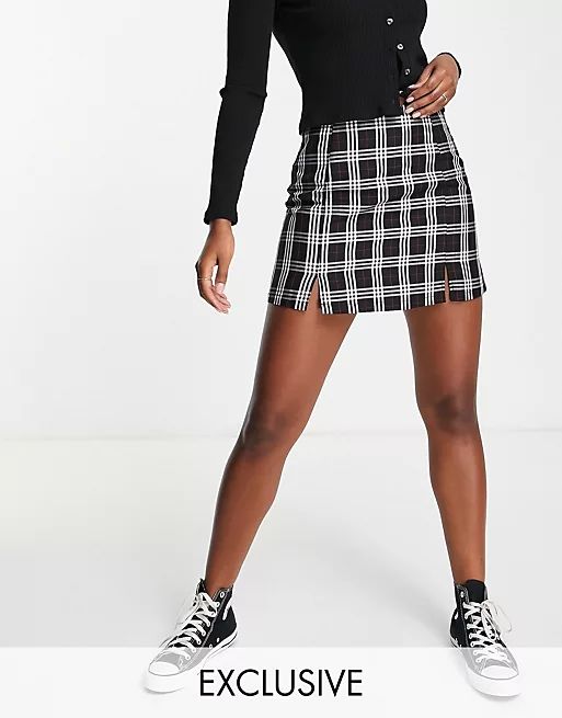 Pieces exclusive side slit mini skirt co-ord in black check | ASOS (Global)