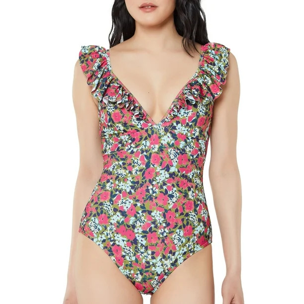 JS Jessica Simpson Women's Wonderland Frill Plunge One Piece Swimsuit | Walmart (US)