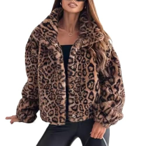 Women’s Leopard Print Faux Fur Coat – Thick Cheetah Warm Sherpa Collar Button Short Jacket Fa... | Amazon (US)