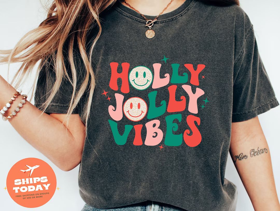 Holly Jolly Vibes Retro Christmas Shirt, Holly Jolly Vibes Shirt, Vintage Christmas Shirt, Vintag... | Etsy (US)