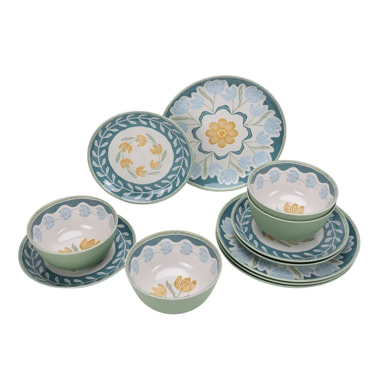 Better Homes & Gardens 12 Piece Bamboo Melamine Green Floral Dinnerware Set | Walmart (US)