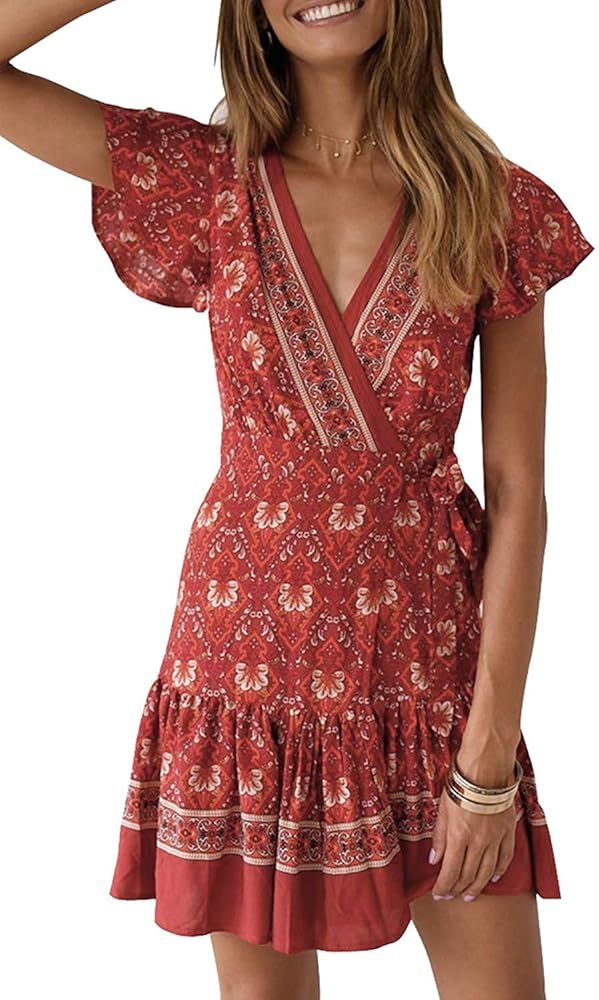 Women’s Summer Wrap V Neck Bohemian Floral Print Ruffle Swing A Line Beach Mini Dress | Amazon (US)