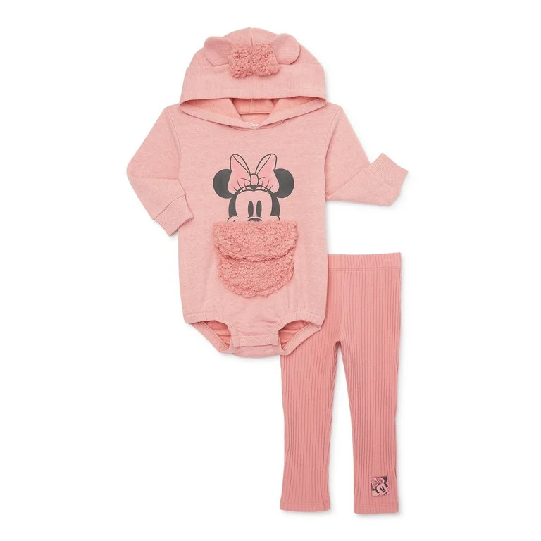 Disney Minnie Mouse Newborn Baby Girls Hooded Bodysuit and Pants, 2-Piece Outfit Set, Sizes 0/3 M... | Walmart (US)