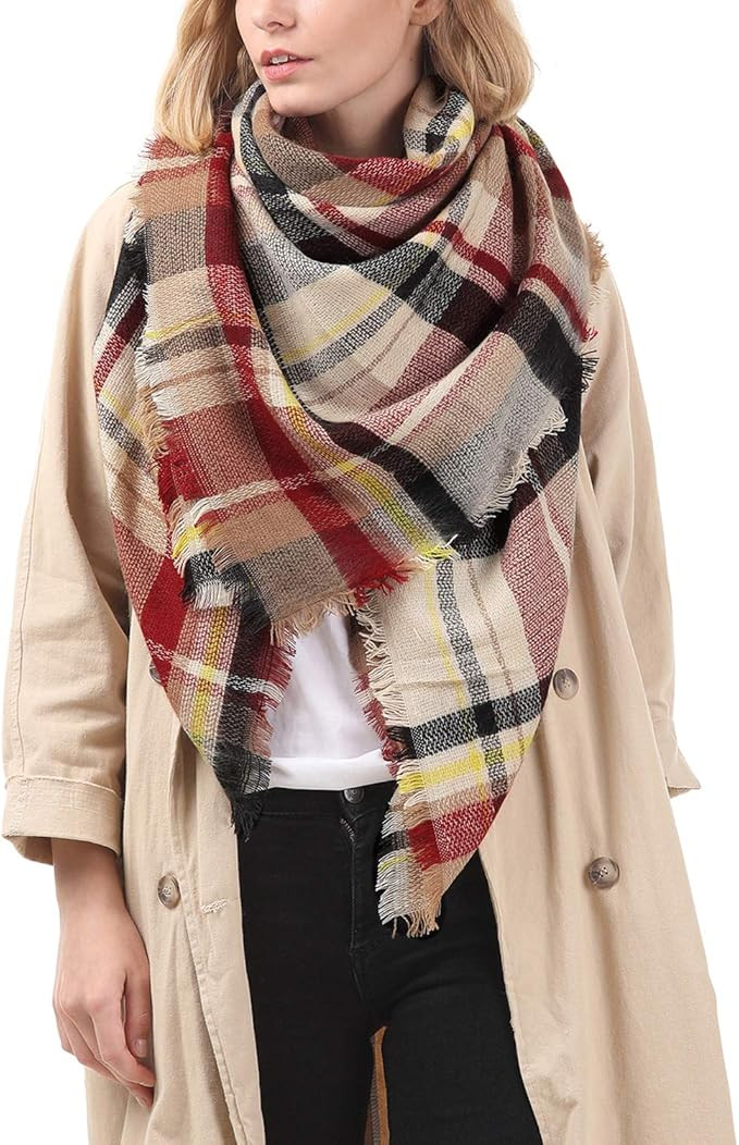 Zando Plaid Blanket Thick Winter Scarf Tartan Chunky Wrap Oversized Shawl Cape Scarves | Amazon (US)