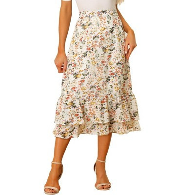 INSPIRE CHIC Women's Chiffon Elastic Waist Ruffle Tiered Flowy Midi Floral Printed Skirts White Yellow-Floral Medium | Target