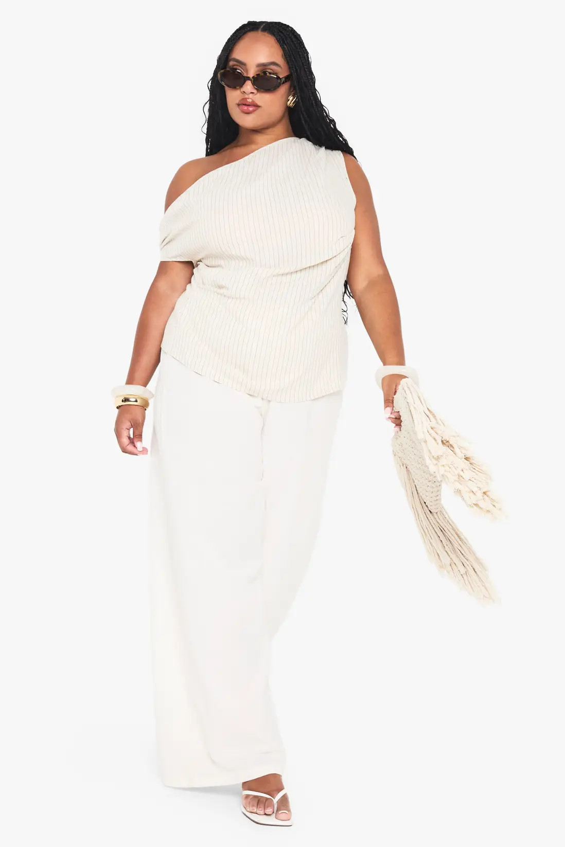 Stone Plus One Shoulder Linen Stripe Top | Boohoo USA | boohoo (US & Canada)