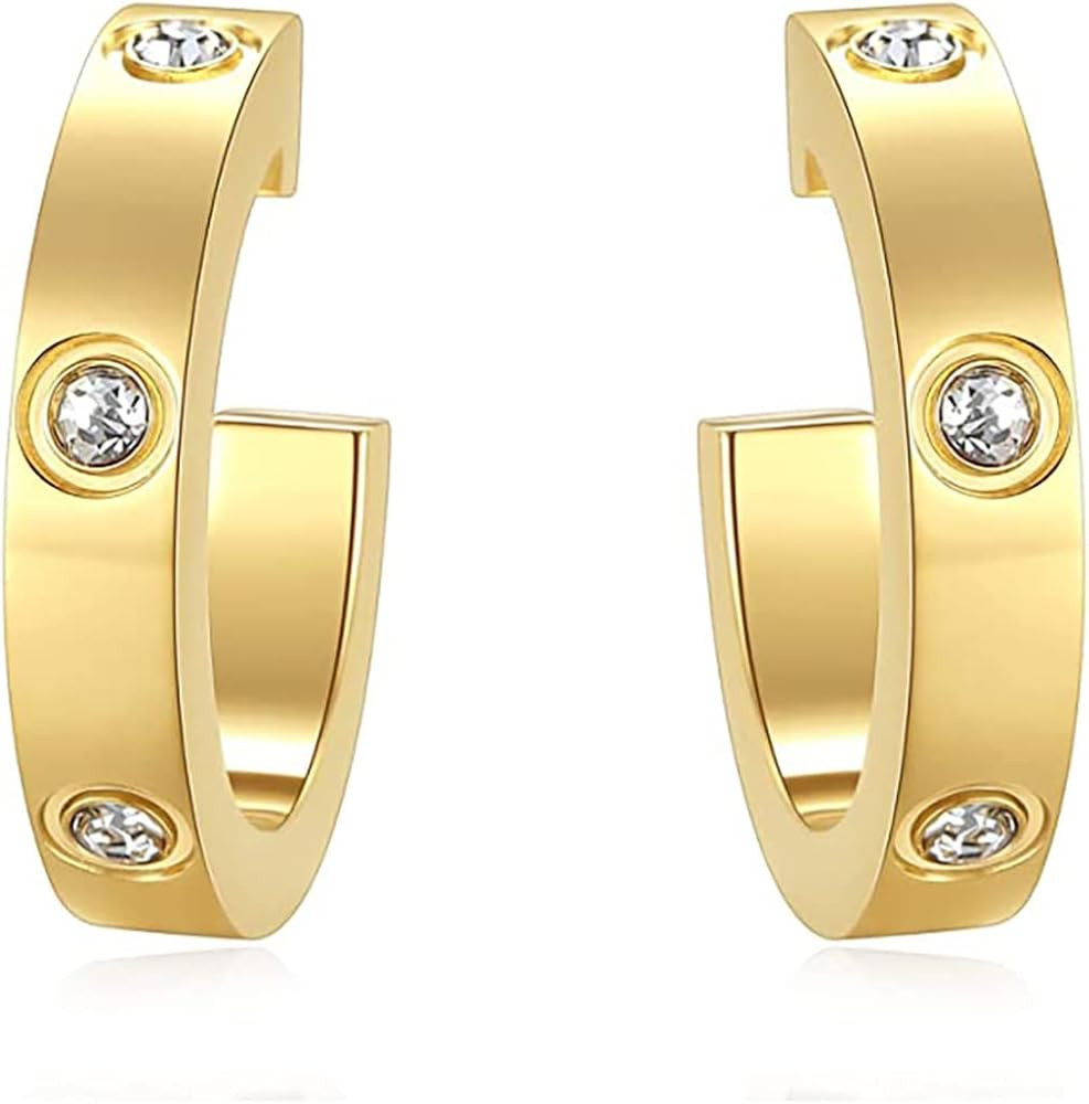 Friendship Earrings for Women Designer Cubic Zirconia Gold Stainless Steel Hoop Huggie Cuff Studs... | Amazon (US)