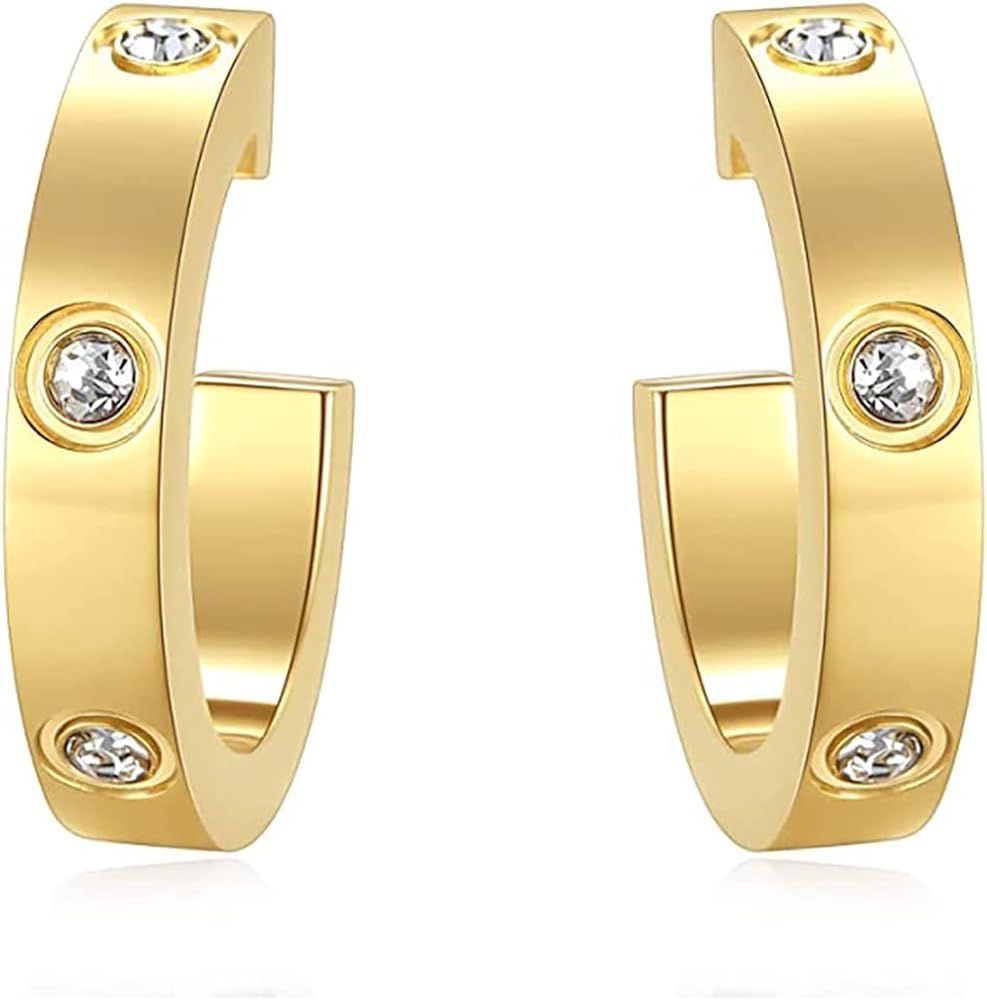 Friendship Earrings for Women Designer Cubic Zirconia Gold Stainless Steel Hoop Huggie Cuff Studs... | Amazon (US)
