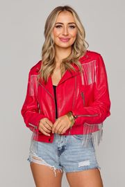 BuddyLove | Rife Crystal Fringe Vegan Leather Jacket | Red | BuddyLove