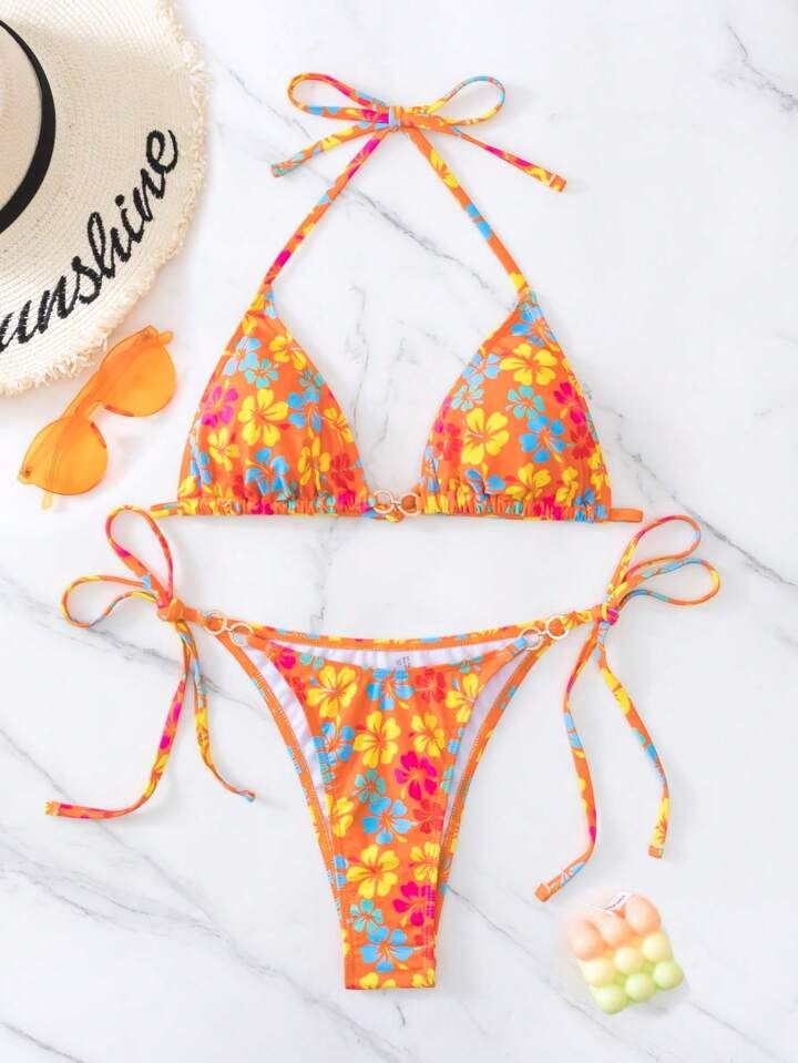 Floral Print Halter Triangle Bikini Swimsuit | SHEIN