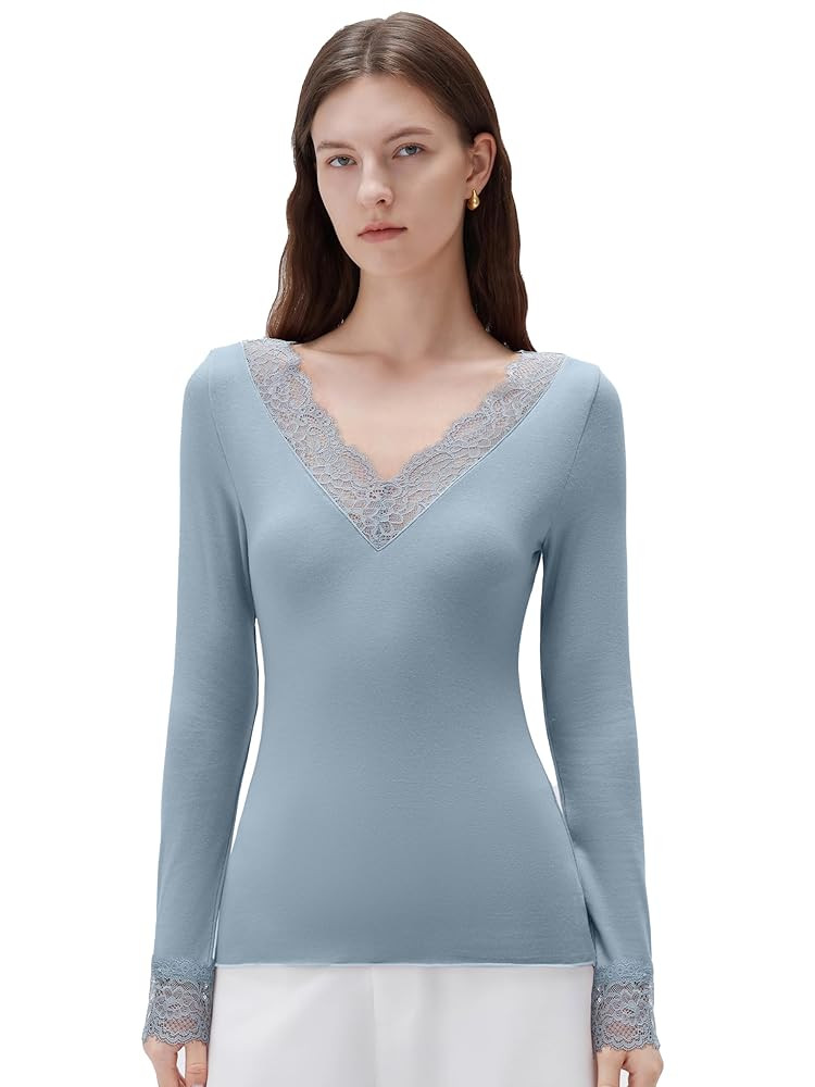 SUUKSESS Cloud Cashmere Women Basic Tops V Boat Neck Lace Long Sleeve Shirt | Amazon (US)