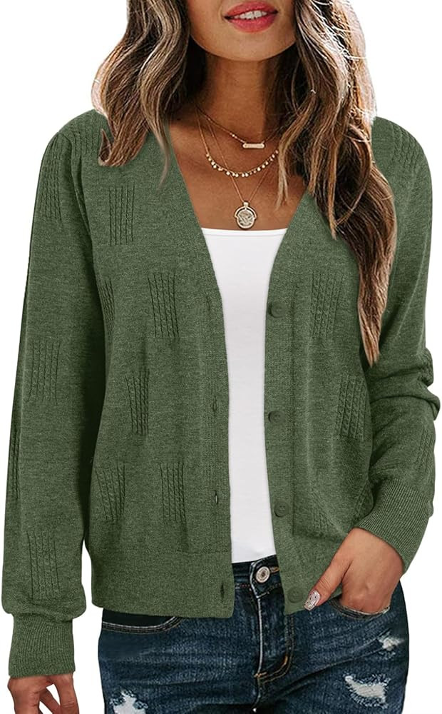 Dokotoo Women's Fall Long Sleeve Lightweight 2025 V-Neck Cardigan Button Down Twisted Cable Knit ... | Amazon (US)
