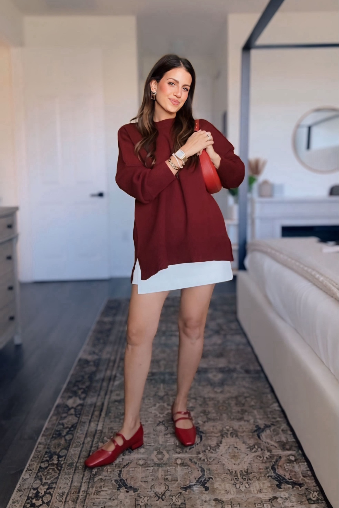 Amazon fashion holiday outfit. Deep cherry red sweater runs oversize. Wearing a medium. Skirt/skort runs large. Wearing a small. Mary Jane ballet flats run TTS. 

Holiday look, holiday outfit, fall fashion, winter fashion 

#LTKFindsUnder100 #LTKFindsUnder50 #LTKHoliday