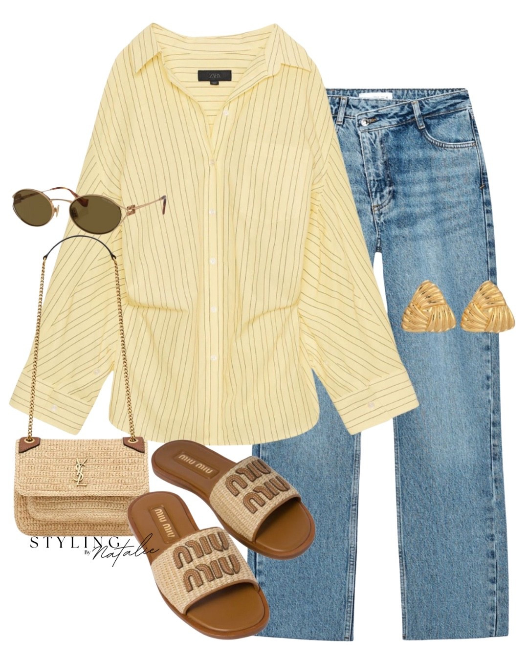 Yellow stripe poplin shirt, crossover waist jeans, Miu Miu sandals, YSL raffia crossbody bag & gold stud earrings. Casual, everyday style, zara, high street

#LTKstyletip #LTKsummer #LTKeurope