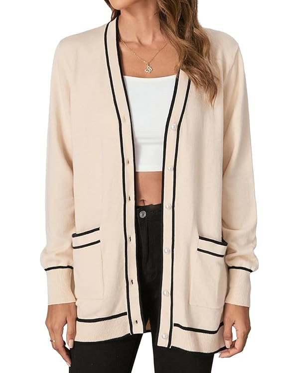 Verdusa Women's Contrast Binding Button Front Long Sleeve Knitted Cardigan Sweater | Amazon (US)