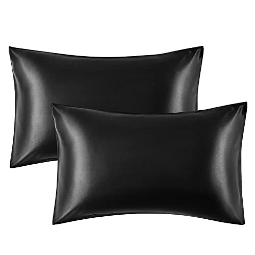 Bedsure Satin Pillowcases Standard Set of 2 - Black Silk Pillow Cases for Hair and Skin 20x26 inches | Amazon (US)