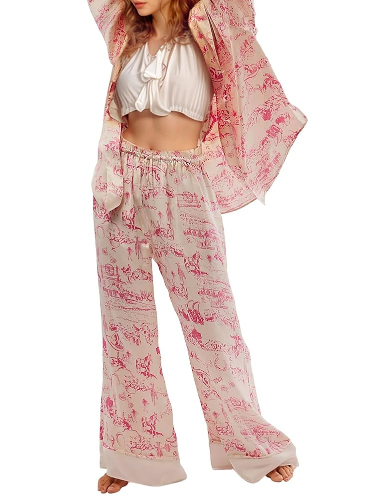 Yimoon Womens Satin Pajama Set Floral Silk Pajamas 2 Piece Cute Long Sleeve Button Down Pjs Sleep... | Amazon (US)