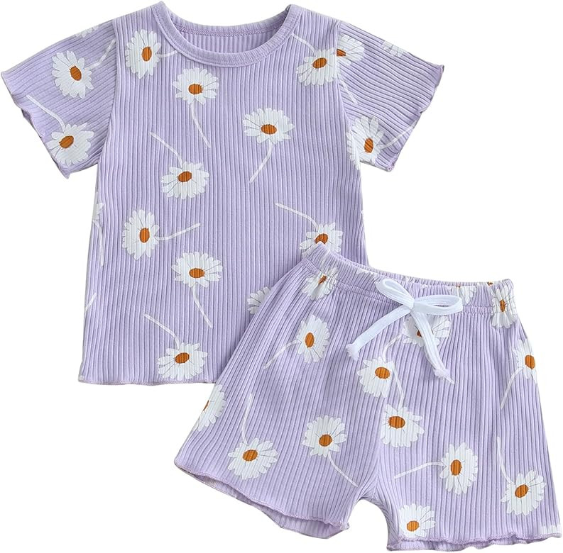 Toddler Baby Girl Summer Clothes Ribbed Knitted Short Sleeve T-Shirt Tops Ruffle Shorts Set 2Pcs ... | Amazon (US)