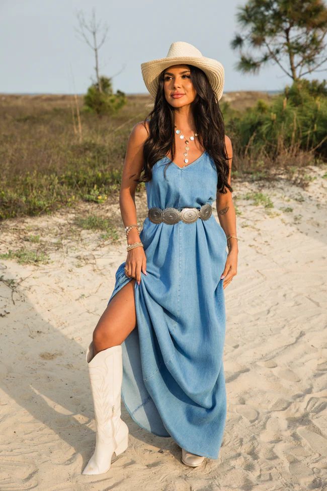 World Is Your Oyster Denim Maxi Dress | Pink Lily