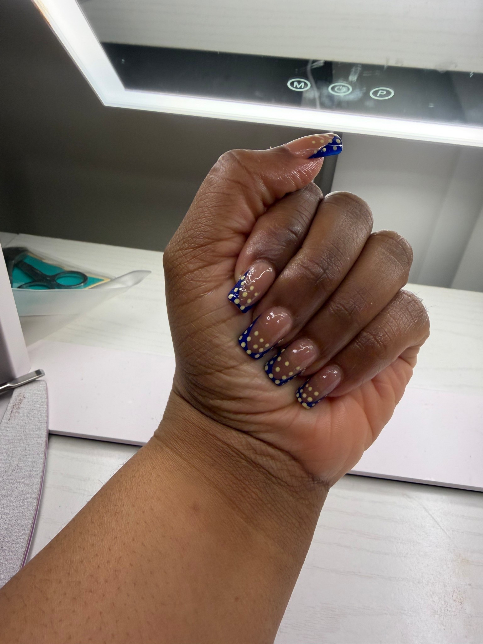 This week’s press on nail set. The deep blue French press ons come from BTartbox and I added the yellow polka dots  

#LTKselfcare #LTKgrwm #LTKBeauty