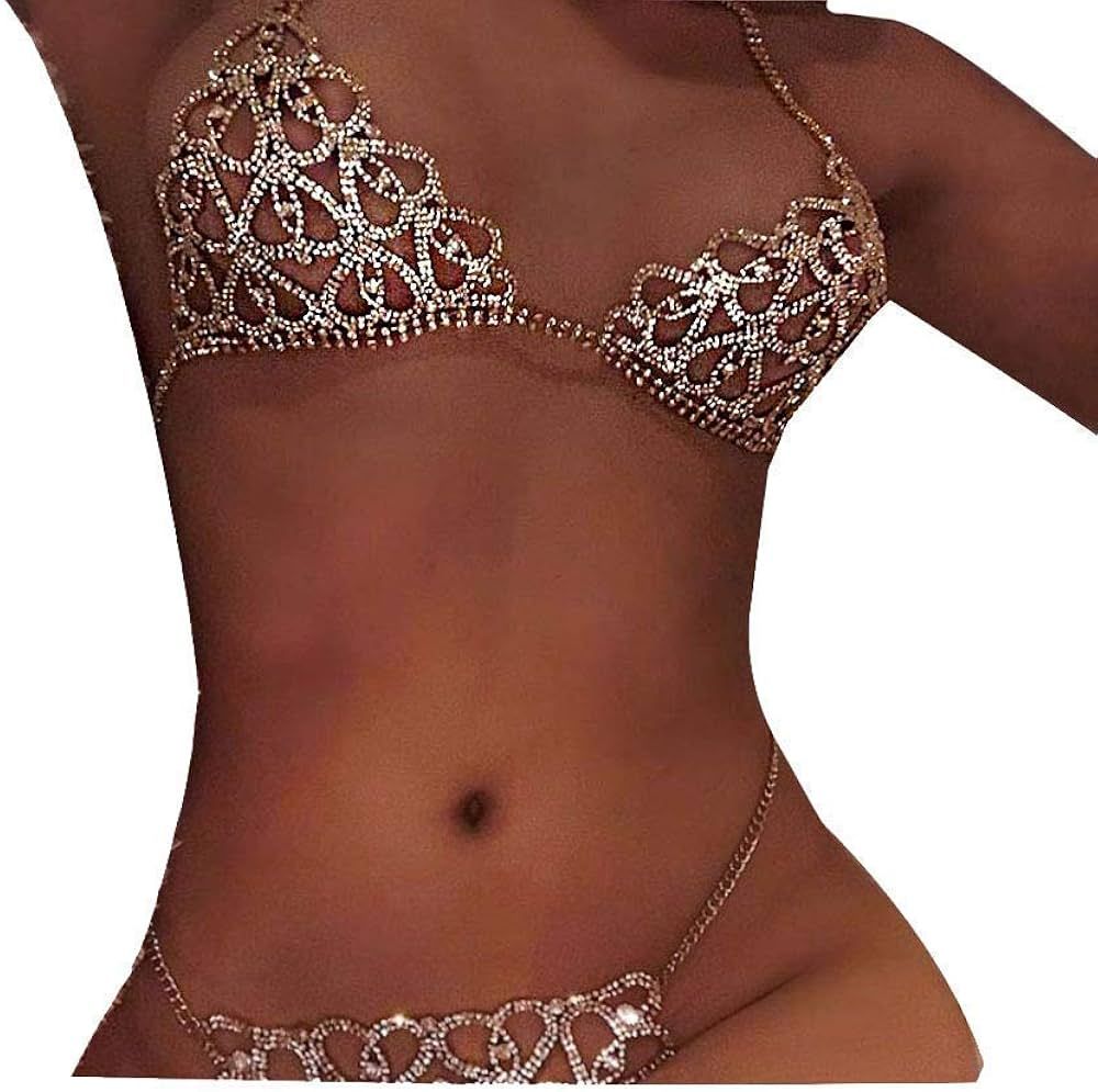 Women Sexy Rhinstone Bra Top Crystal Shinny Night Bikini Body Jewelry Sparkly Body Chain | Amazon (US)