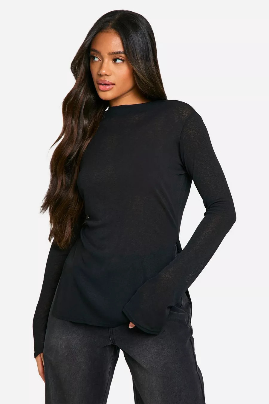 Sheer Funnel Neck Longline Top | boohoo (US & Canada)