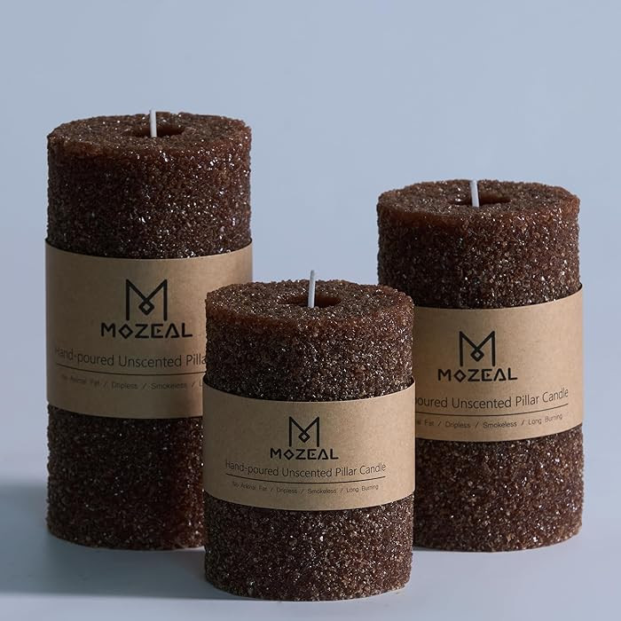 MOZEAL Hand-Poured Granular Texture Decorative Brown Pillar Candles Set of 3 (3"x4", 5", 6"), Dri... | Amazon (US)