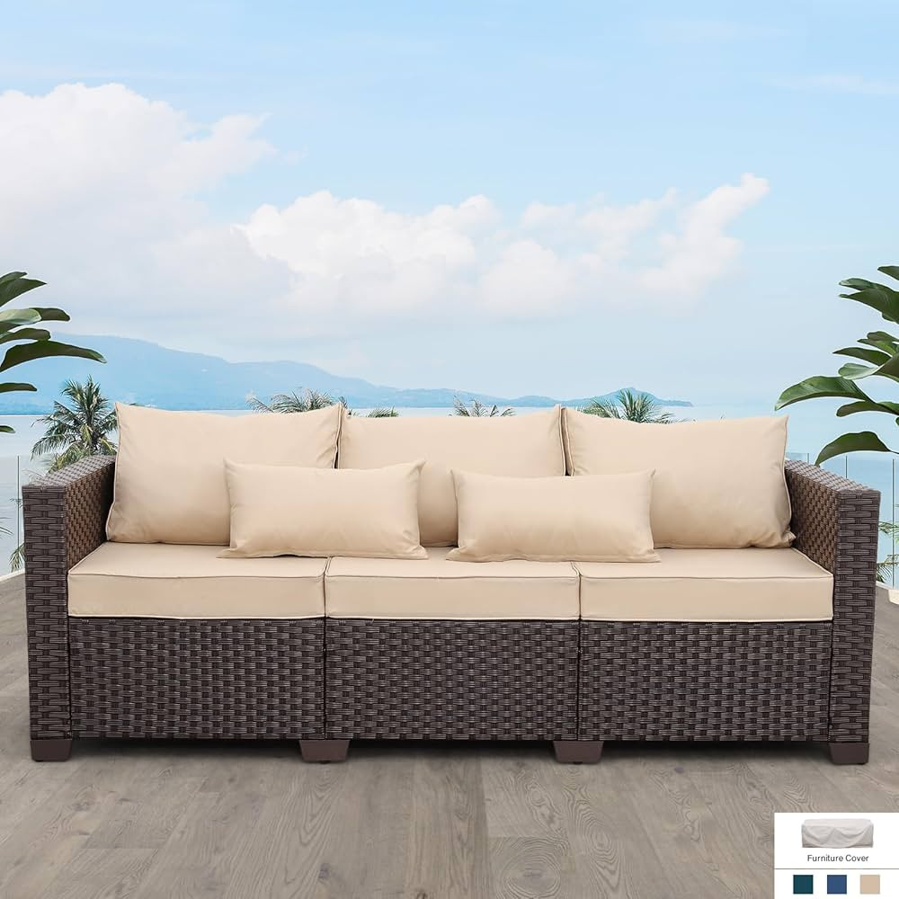 Outdoor Patio Furniture Outdoor Couch 3 Seater Sofa Outdoor Brown Wicker Sofa Deep Seat High Back... | Amazon (US)