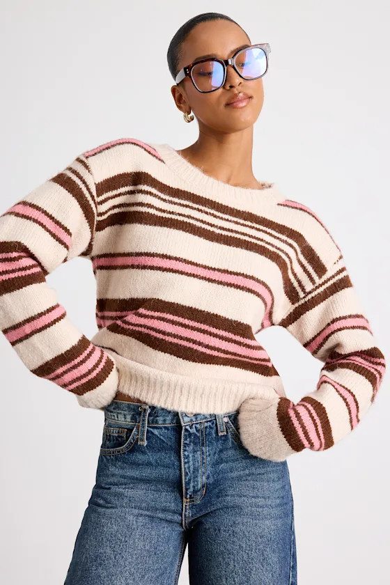 Sisi Brown and Pink Striped Crew Neck Pullover Sweater | Lulus