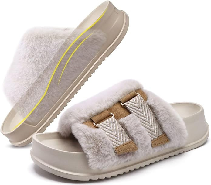 KuaiLu Womens Platform Slipper with Arch Support Soft Cushion Faux Fur Sandals Open Toe House Sli... | Amazon (US)