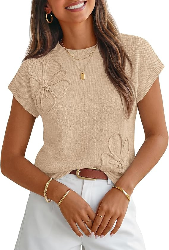 MEROKEETY Women's Spring Short Sleeve Sweater Vest Flower Knit Loose Pullover Tank Tops 2026 Tren... | Amazon (US)