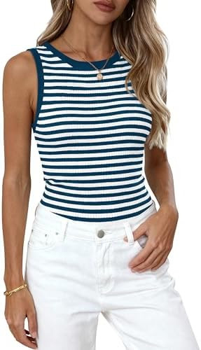 PRETTYGARDEN Summer High Neck Striped Tank Tops for Women Casual Sleeveless Sweaters Basic Ribbed... | Amazon (US)