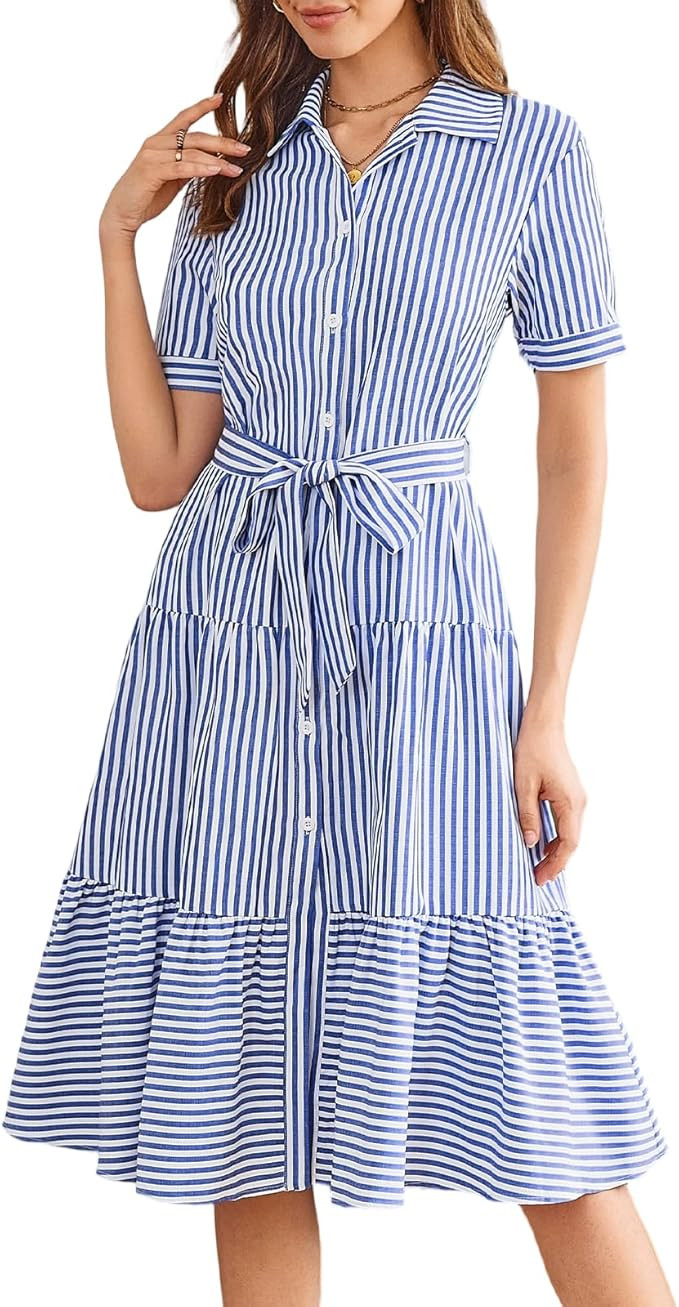 BROVAVE Summer Midi Dress for Women: Striped Button Down Casual Clothing - Collared Flowy Classy ... | Amazon (US)