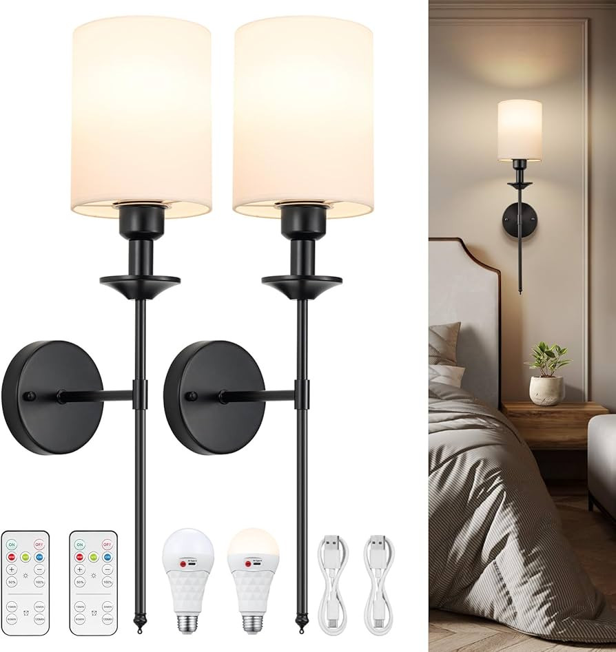 Battery Operated Wall Sconce Set of 2, Battery Powered Wall Sconces Rechargeable Wall Lights with... | Amazon (US)